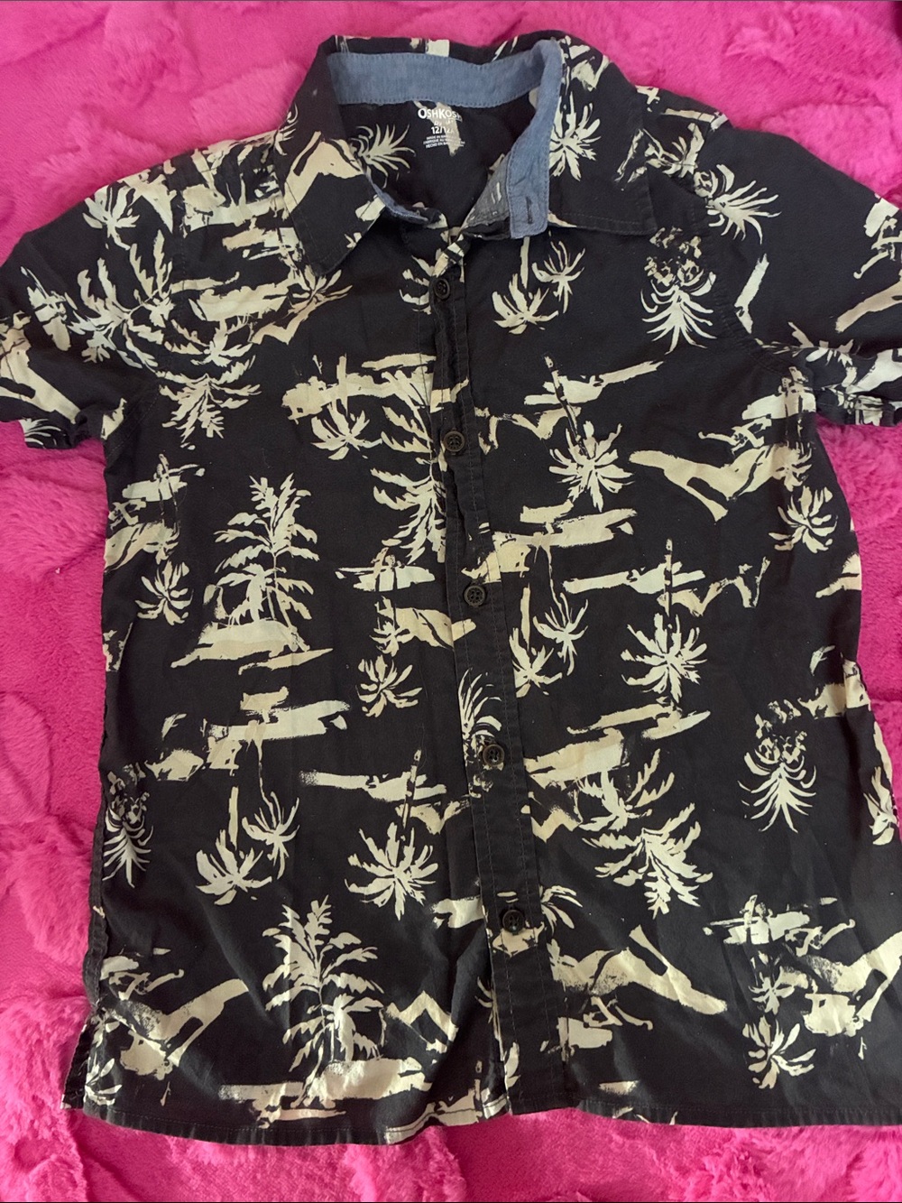 OshKosh B'gosh Black and Cream Palm-Print Short Sleeve Shirt